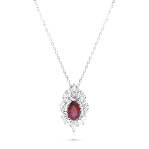 [NCL01RUB00WCZA779] Sterling Silver 925 Necklace Rhodium Plated Embedded With Ruby Corundum And White CZ