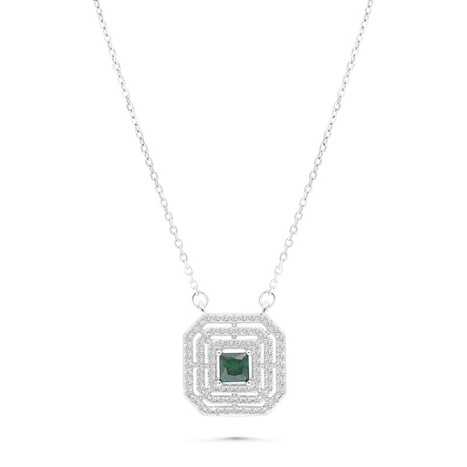[NCL01EMR00WCZA786] Sterling Silver 925 Necklace Rhodium Plated Embedded With Emerald Zircon And White CZ