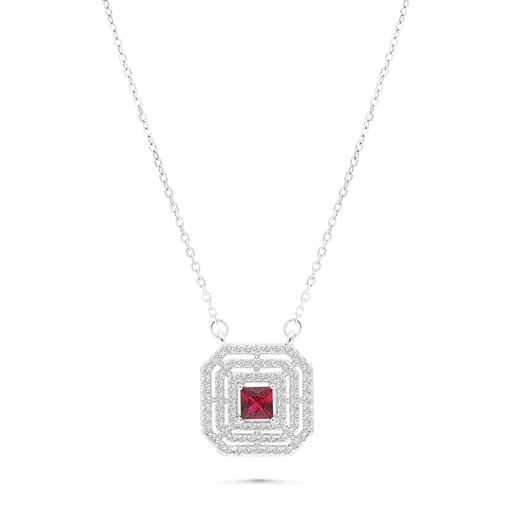 [NCL01RUB00WCZA786] Sterling Silver 925 Necklace Rhodium Plated Embedded With Ruby Corundum And White CZ