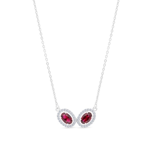 [NCL01RUB00WCZA790] Sterling Silver 925 Necklace Rhodium Plated Embedded With Ruby Corundum And White CZ