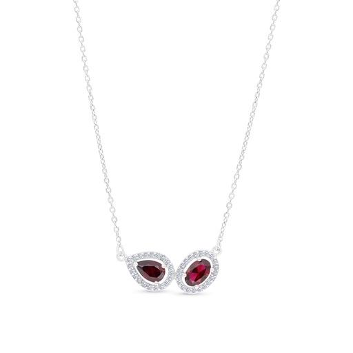 [NCL01RUB00WCZA791] Sterling Silver 925 Necklace Rhodium Plated Embedded With Ruby Corundum And White CZ