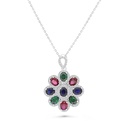 Sterling Silver 925 Necklace Rhodium Plated Embedded With Sapphire Corundum , Ruby Corundum , Emerald Zircon And White CZ