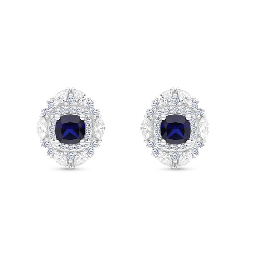 [EAR01SAP00WCZB766] Sterling Silver 925 Earring Rhodium Plated Embedded With Sapphire Corundum And White CZ