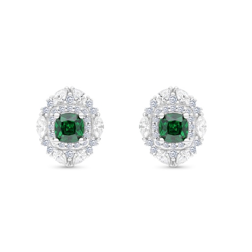 [EAR01EMR00WCZB766] Sterling Silver 925 Earring Rhodium Plated Embedded With Emerald Zircon And White CZ