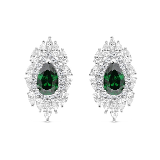[EAR01EMR00WCZB767] Sterling Silver 925 Earring Rhodium Plated Embedded With Emerald Zircon And White CZ