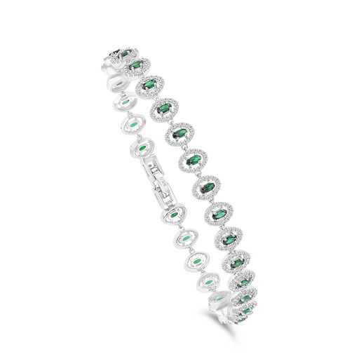 [BRC01EMR00WCZA917] Sterling Silver 925 Bracelet Rhodium Plated Embedded With Emerald Zircon And White CZ