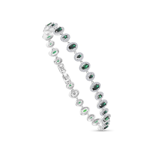 [BRC01EMR00WCZA918] Sterling Silver 925 Bracelet Rhodium Plated Embedded With Emerald Zircon And White CZ