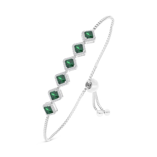 [BRC01EMR00WCZA922] Sterling Silver 925 Bracelet Rhodium Plated Embedded With Emerald Zircon And White CZ