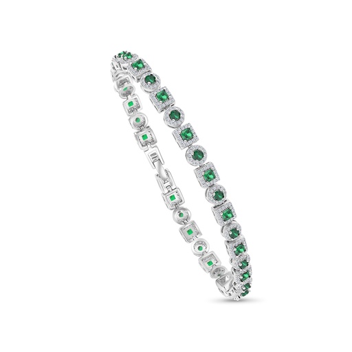 [BRC01EMR00WCZA946] Sterling Silver 925 Bracelet Rhodium Plated Embedded With Emerald Zircon And White CZ