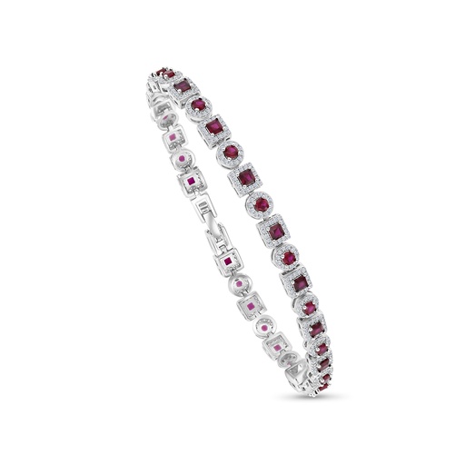 [BRC01RUB00WCZA946] Sterling Silver 925 Bracelet Rhodium Plated Embedded With Ruby Corundum And White CZ