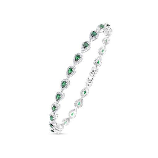 [BRC01EMR00WCZA948] Sterling Silver 925 Bracelet Rhodium Plated Embedded With Emerald Zircon And White CZ