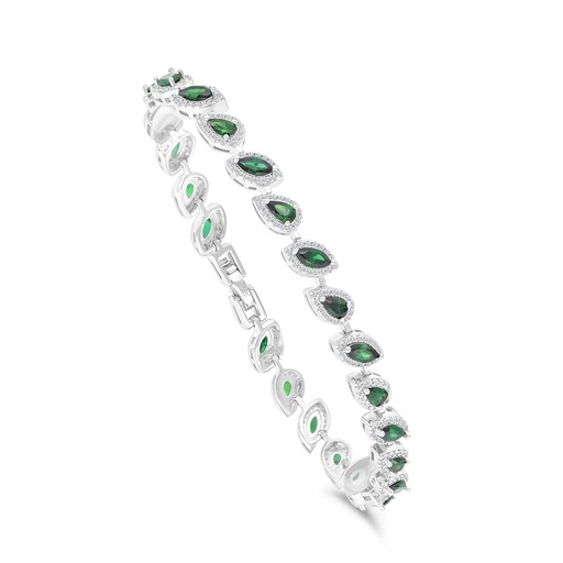 [BRC01EMR00WCZA952] Sterling Silver 925 Bracelet Rhodium Plated Embedded With Emerald Zircon And White CZ