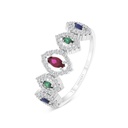 Sterling Silver 925 Ring Rhodium Plated Embedded With Sapphire Corundum , Ruby Corundum , Emerald Zircon And White CZ