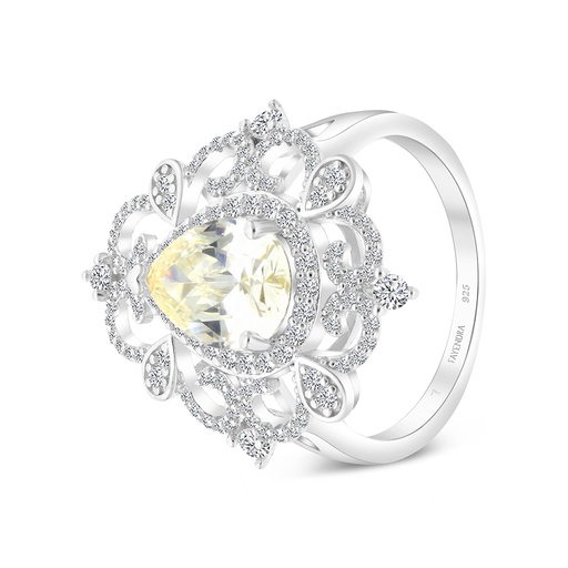 Sterling Silver 925 Ring Rhodium Plated Embedded With Yellow Zircon And White CZ
