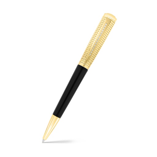 [PEN09BLK02WCZA026] Fayendra Pen Gold Plated Embedded With White CZ black lacquer
