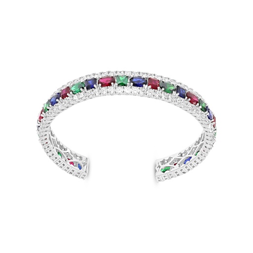 [BNG01MLS00WCZA073] Sterling Silver 925 Bangle Rhodium Plated Embedded With Sapphire Corundum Ruby Corundum Emerald And White CZ