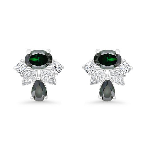 [EAR01EMR00WCZB721] Sterling Silver 925 Earring Rhodium Plated Embedded With Emerald Zircon And White CZ