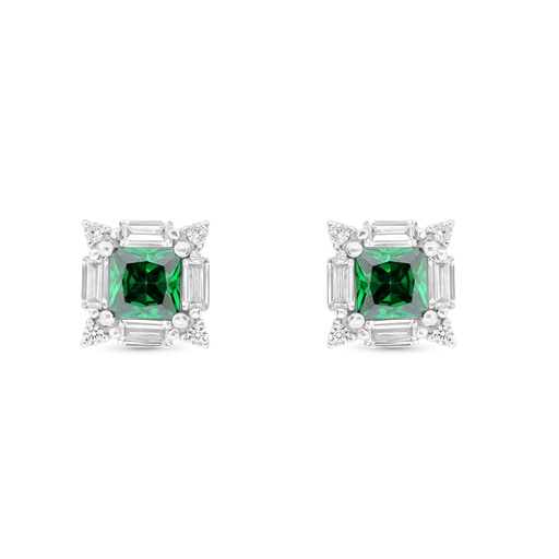 [EAR01EMR00WCZB727] Sterling Silver 925 Earring Rhodium Plated Embedded With Emerald Zircon And White CZ