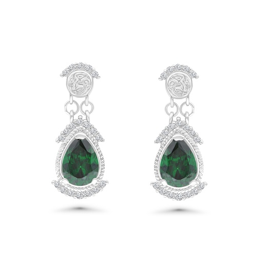 [EAR01EMR00WCZB748] Sterling Silver 925 Earring Rhodium Plated Embedded With Emerald Zircon And White CZ