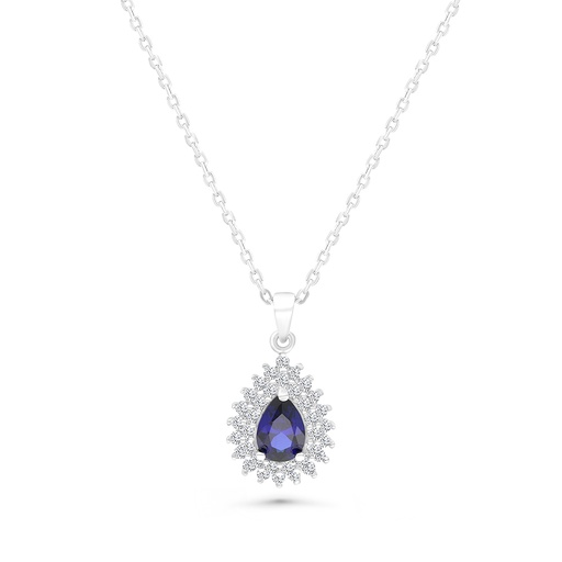 [NCL01SAP00WCZA675] Sterling Silver 925 Necklace Rhodium Plated Embedded With Sapphire Corundum And White CZ