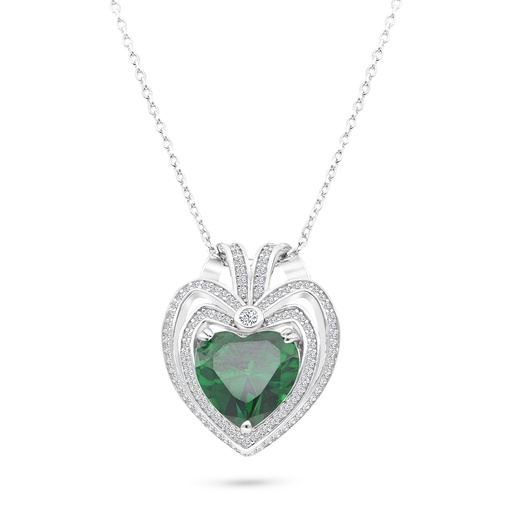 [NCL01EMR00WCZA738] Sterling Silver 925 Necklace Rhodium Plated Embedded With Emerald Zircon And White CZ