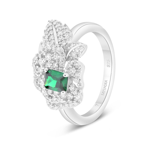 Sterling Silver 925 Ring Rhodium Plated Embedded With Emerald Zircon And White CZ