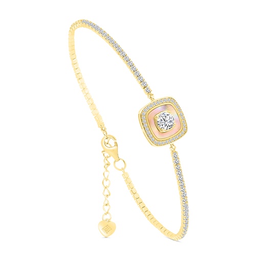 [BRC02PNK00WCZA987] Sterling Silver 925 Bracelet Gold Plated Embedded With pink Shell And White CZ