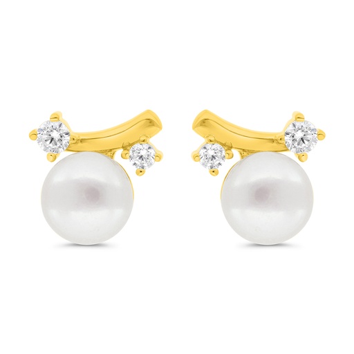 [EAR02FPR00WCZB888] Sterling Silver 925 Earring Gold Plated Embedded With Natural White Pearl And  White Zircon