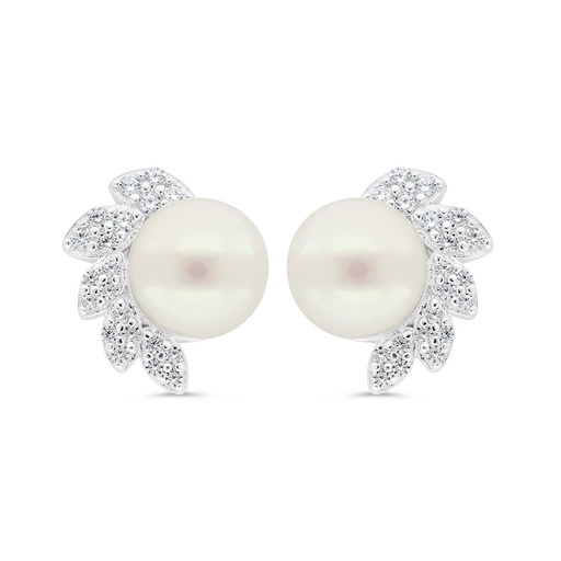 [EAR01FPR00WCZB839] Sterling Silver 925 Earring Rhodium Plated Embedded With White Shell Pearl And White Zircon