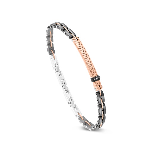 [BRC09WCZ00000A027] Stainless Steel Bracelet, Rhodium And Black And Rose Gold Plated And Ceramic Embedded With White CZ 316L For Men