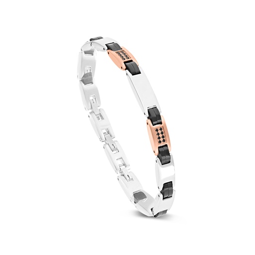 [BRC09BCZ00000A032] Stainless Steel Bracelet, Rhodium And Black And Rose Gold Plated For Men Embedded With Black CZ Carbon Fiber 316L