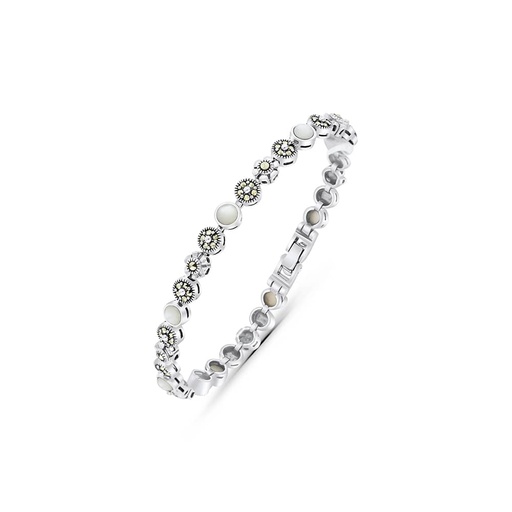 [BRC04MAR00MOPA162] Sterling Silver 925 Bracelet Embedded With Natural White Shell And Marcasite Stones