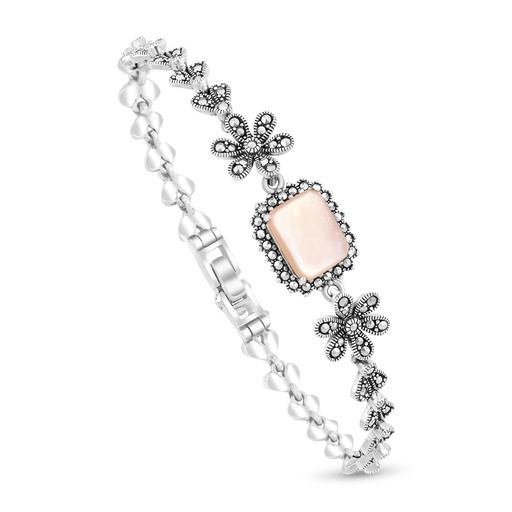 [BRC04MAR00PNKA149] Sterling Silver 925 Bracelet Embedded With Natural Pink Shell And Marcasite Stones