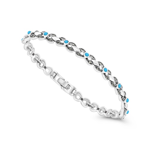[BRC04MAR00TRQA156] Sterling Silver 925 Bracelet Embedded With Natural Processed Turquoise And Marcasite Stones