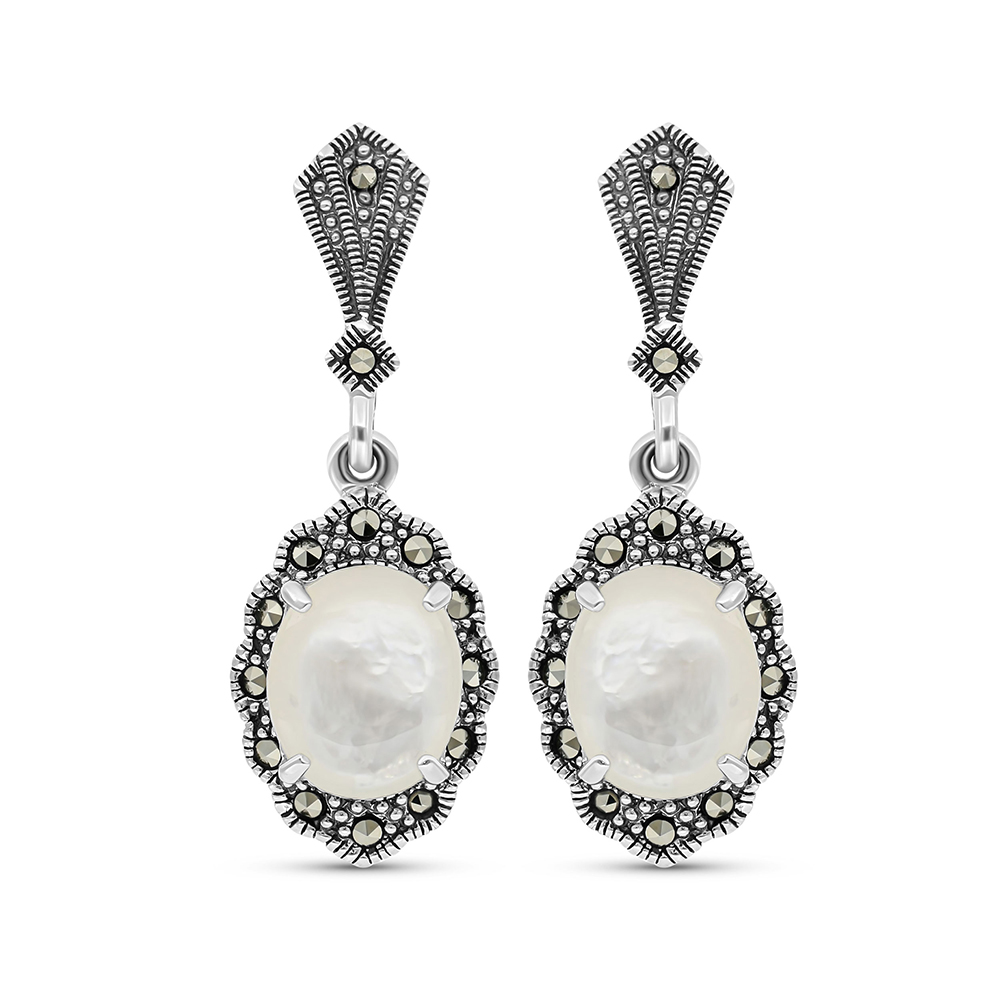 White pearl and colored stone drop offers earrings in sterling silver.