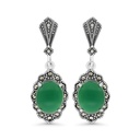 Sterling Silver 925 Earring Embedded With Natural Green Agate And Marcasite Stones