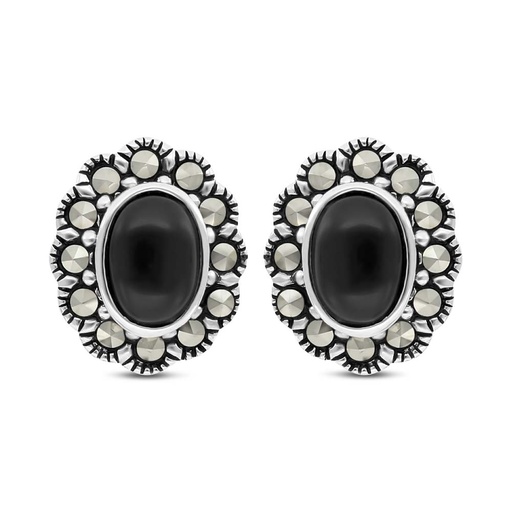 [EAR04MAR00ONXA460] Sterling Silver 925 Earring Embedded With Natural Black Agate And Marcasite Stones