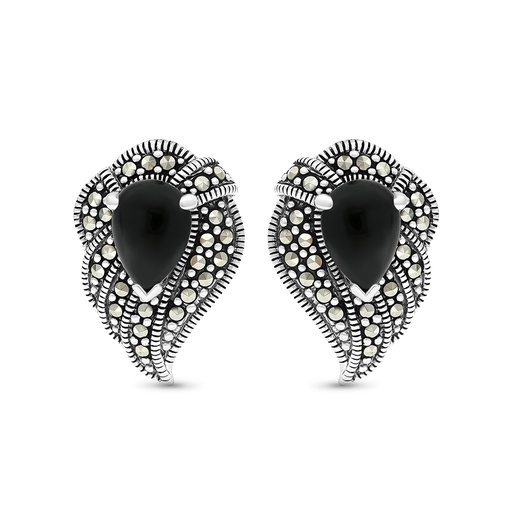 [EAR04MAR00ONXA461] Sterling Silver 925 Earring Embedded With Natural Black Agate And Marcasite Stones