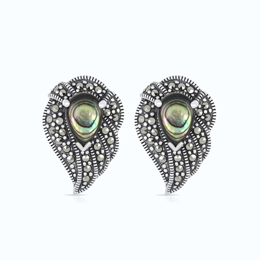 [EAR04MAR00ABAA461] Sterling Silver 925 Earring Embedded With Natural Blue Shell And Marcasite Stones