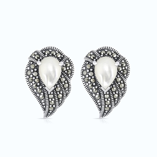 [EAR04MAR00MOPA461] Sterling Silver 925 Earring Embedded With Natural White Shell And Marcasite Stones