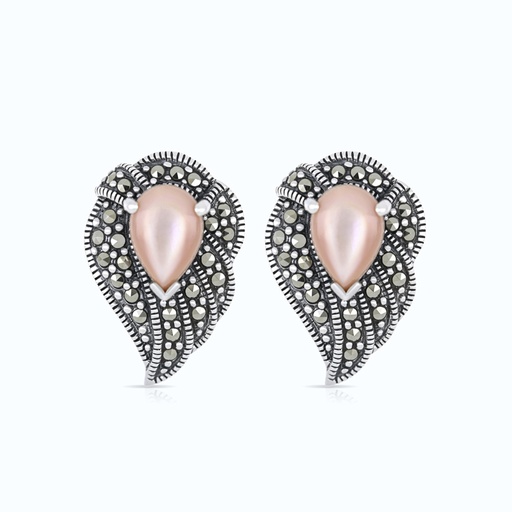 [EAR04MAR00PNKA461] Sterling Silver 925 Earring Embedded With Natural Pink Shell And Marcasite Stones