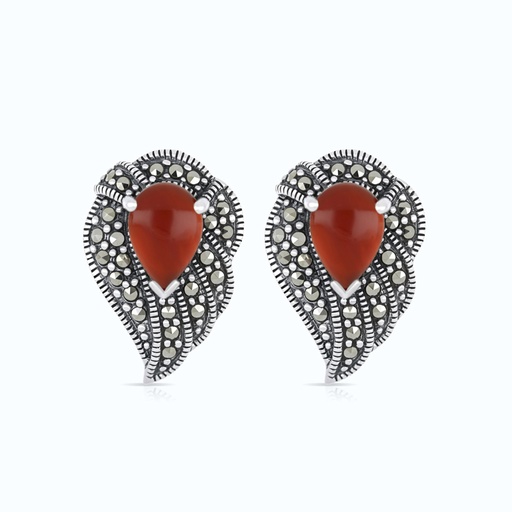 [EAR04MAR00RAGA461] Sterling Silver 925 Earring Embedded With Natural Aqiq And Marcasite Stones