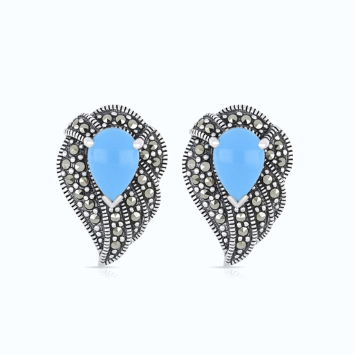 [EAR04MAR00TRQA461] Sterling Silver 925 Earring Embedded With Natural Processed Turquoise And Marcasite Stones