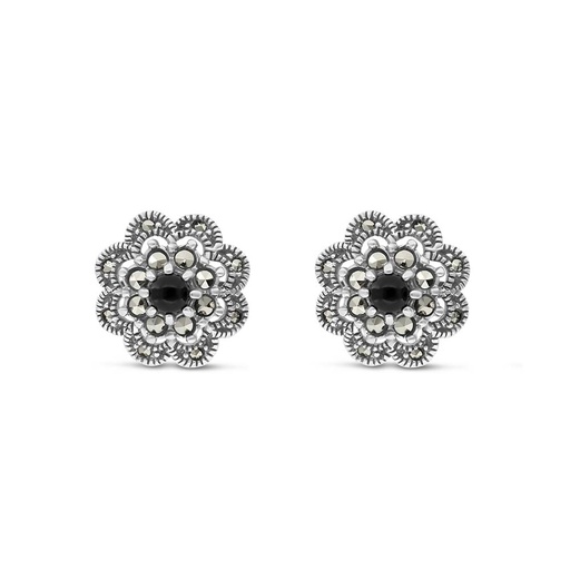 [EAR04MAR00ONXA464] Sterling Silver 925 Earring Embedded With Natural Black Agate And Marcasite Stones