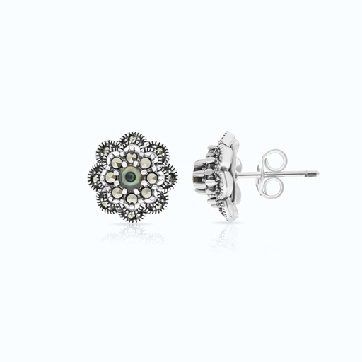 [EAR04MAR00ABAA464] Sterling Silver 925 Earring Embedded With Natural Blue Shell And Marcasite Stones