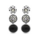 Sterling Silver 925 Earring Embedded With Natural Black Agate And Marcasite Stones