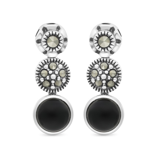 [EAR04MAR00ONXA465] Sterling Silver 925 Earring Embedded With Natural Black Agate And Marcasite Stones