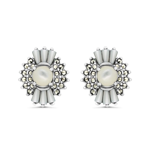 [EAR04MAR00MOPA284] Sterling Silver 925 Earring Embedded With Natural White Shell And Marcasite Stones