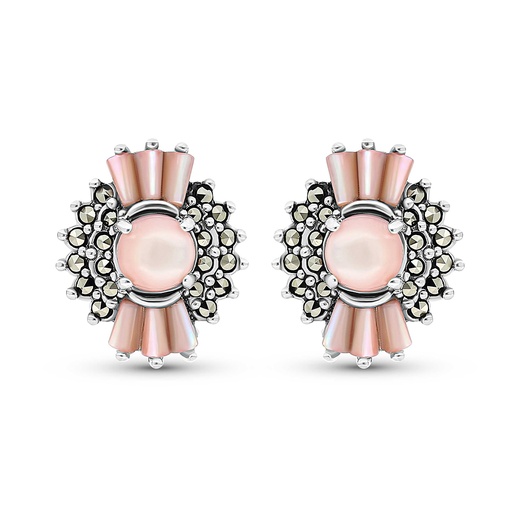[EAR04MAR00PNKA284] Sterling Silver 925 Earring Embedded With Natural Pink Shell And Marcasite Stones