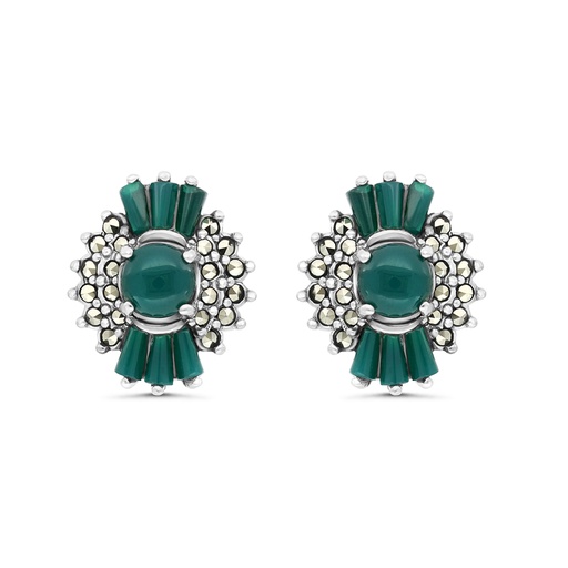[EAR04MAR00GAGA284] Sterling Silver 925 Earring Embedded With Natural Green Agate And Marcasite Stones